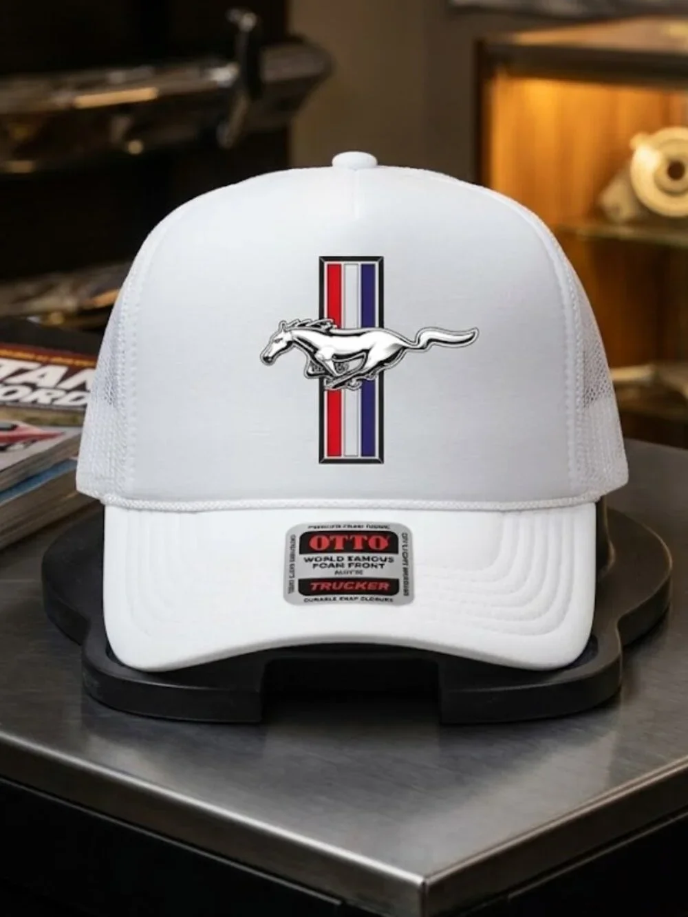 Retro Mustang Tri Bar Pony Foam Trucker Hat White Rope Snapback Car Cap New 70s